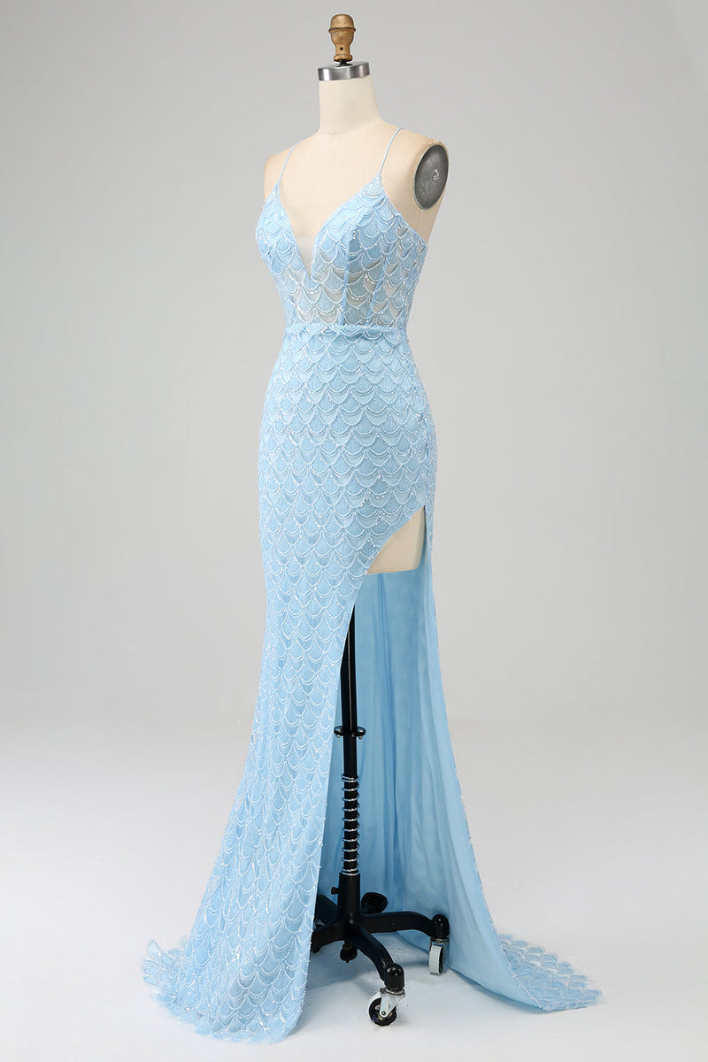 Laden Sie das Bild in den Galerie-Viewer, Glitzer himmelblaues Spaghettiträger Meerjungfrau Abendkleid mit Schlitz