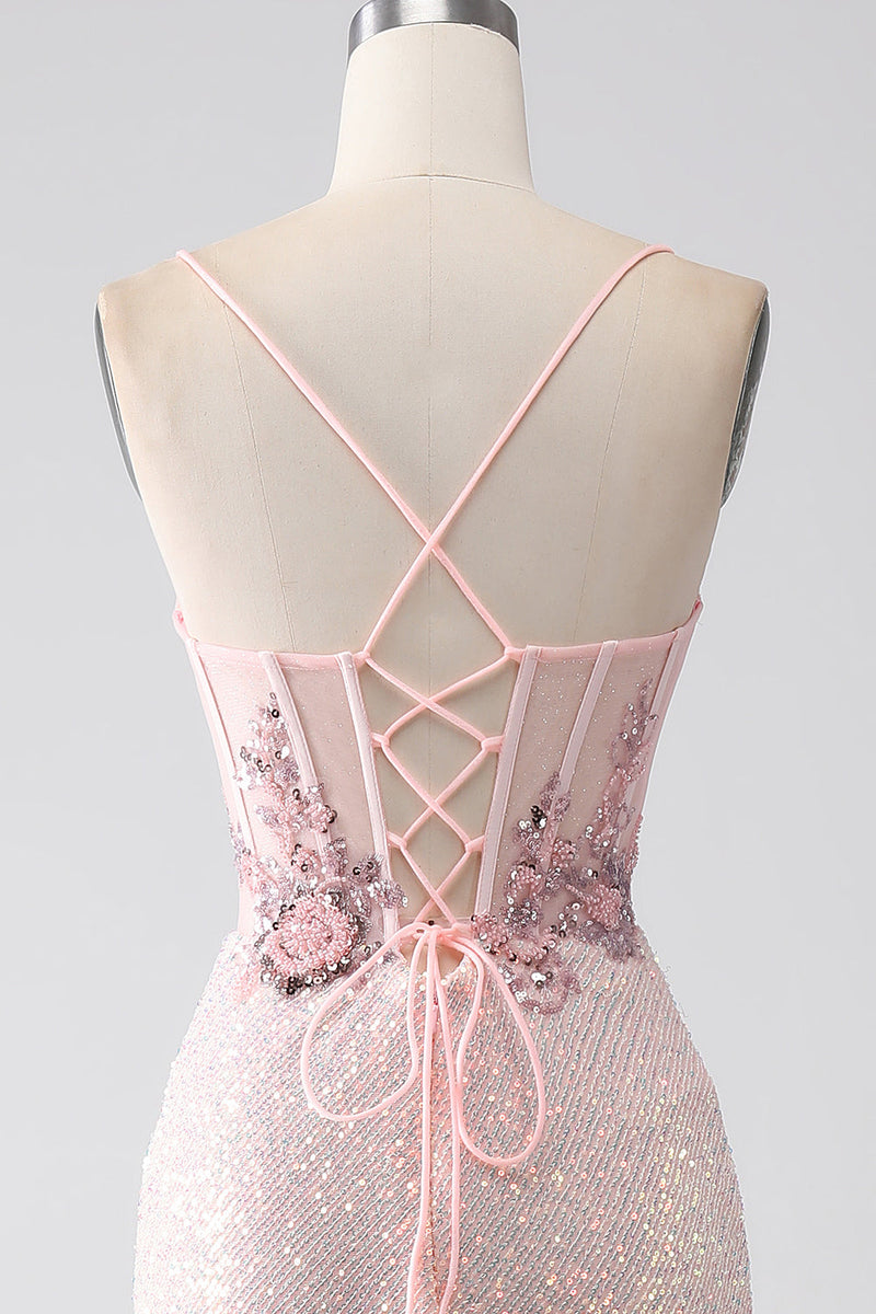 Laden Sie das Bild in den Galerie-Viewer, Glitzer rosa perlenbesetztes Meerjungfrauen Ballkleid mit Schlitz