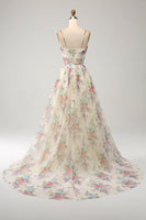 Laden Sie das Bild in den Galerie-Viewer, Elfenbein Ballkleid mit Blumendruck in A-Linie und Schlitz