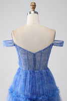 Laden Sie das Bild in den Galerie-Viewer, Blau bedrucktes A-Linie Tüll korsett Ballkleid