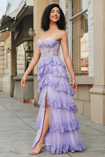 Prinzessin A Linie Herzausschnitt Lavendel Korsett Ballkleid mit gestufter Spitze