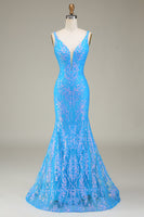 Laden Sie das Bild in den Galerie-Viewer, Glitzerndes blaues Meerjungfrauen Ballkleid mit tiefem V-Ausschnitt