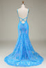 Laden Sie das Bild in den Galerie-Viewer, Glitzerndes blaues Meerjungfrauen Ballkleid mit tiefem V-Ausschnitt
