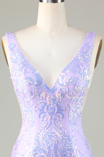Lavendel glitzerndes enges Abiballkleid mit rückenfreiem Rücken
