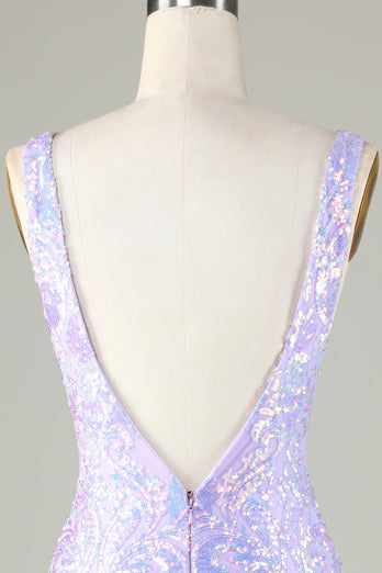 Lavendel glitzerndes enges Abiballkleid mit rückenfreiem Rücken