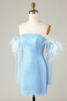 Laden Sie das Bild in den Galerie-Viewer, Abnehmbare Ärmel Blaues enges Abiballkleid mit Federn