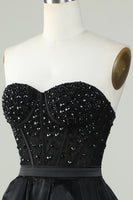 Laden Sie das Bild in den Galerie-Viewer, Prinzessin A Linie Herzausschnitt Schwarzes trägerloses Ballkleid Formales Abendkleid