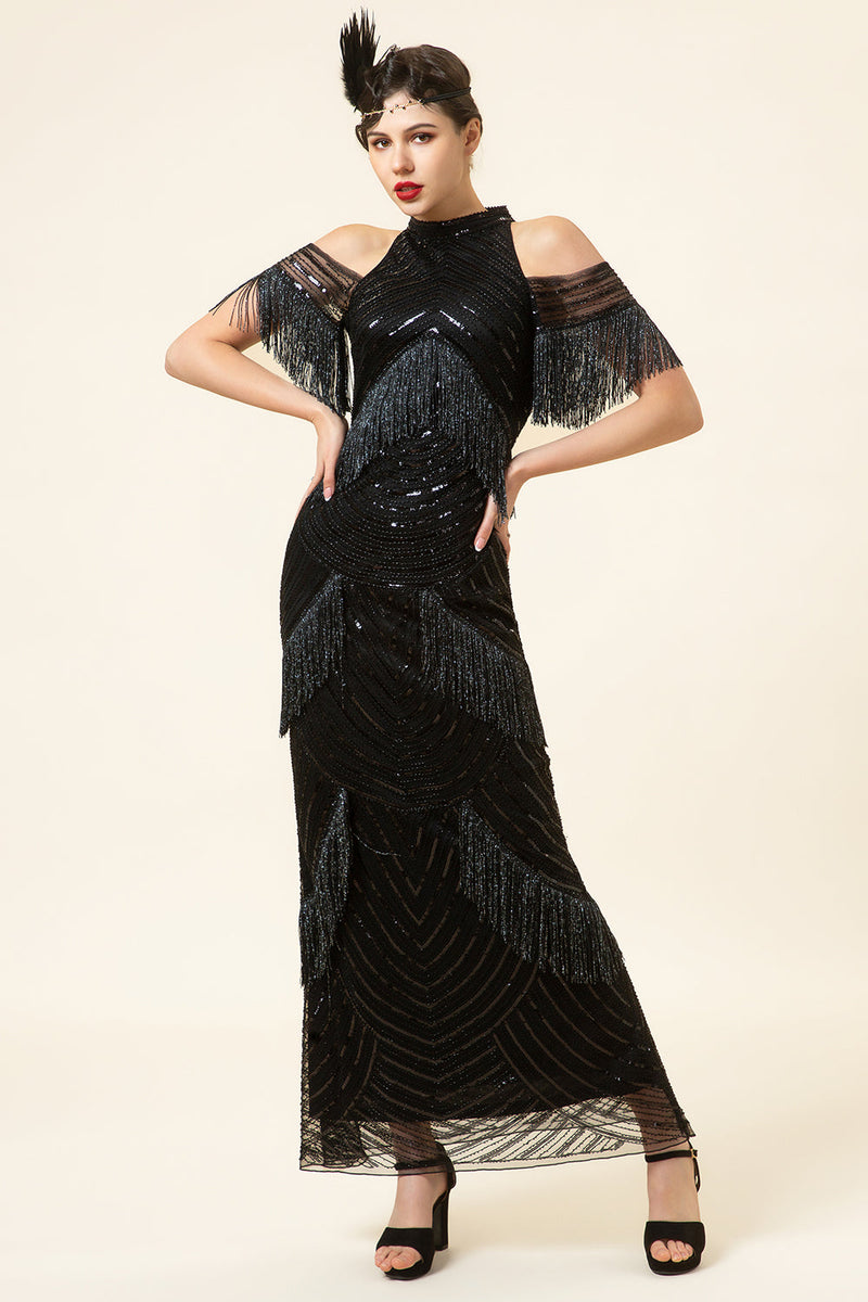 Laden Sie das Bild in den Galerie-Viewer, Glitzerndes schwarzes Perlen Langes Gatsby Kleid aus den 1920er Jahren mit Fransen