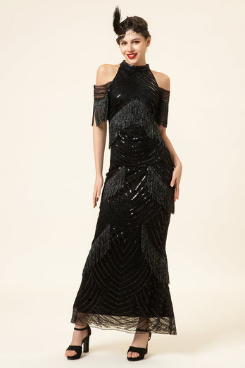 Glitzerndes schwarzes Perlen Langes Gatsby Kleid aus den 1920er Jahren mit Fransen