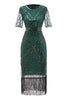 Laden Sie das Bild in den Galerie-Viewer, Dunkelgrünes Kurzärmel Kleid der 1920er Jahre mit Fransen