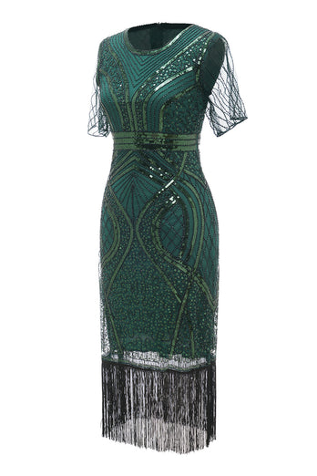 Dunkelgrünes Kurzärmel Kleid der 1920er Jahre mit Fransen