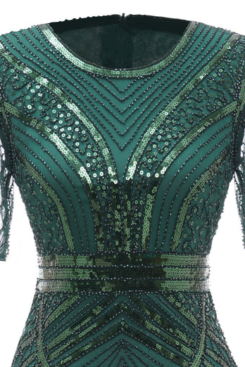 Dunkelgrünes Kurzärmel Kleid der 1920er Jahre mit Fransen