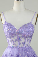 Laden Sie das Bild in den Galerie-Viewer, Wunderschönes A-Linie Spaghettiträger Dunkelblaues funkelndes Korsett Cocktailkleid