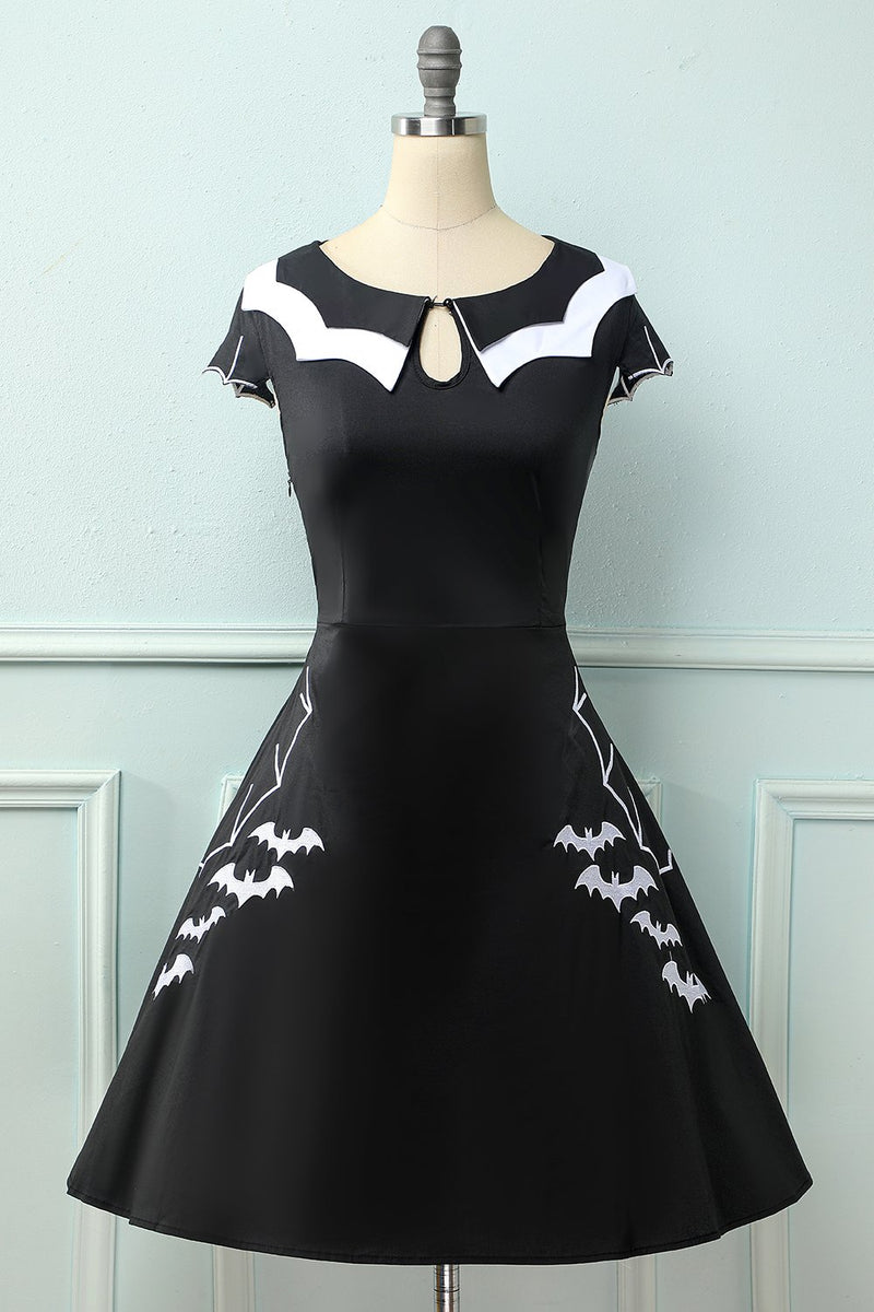 Laden Sie das Bild in den Galerie-Viewer, Schwarzes 1950er Fledermaus Cape Swing Kleid
