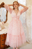 Laden Sie das Bild in den Galerie-Viewer, A-Linie Tiefer V Ausschnitt Weiß Rot Dot Tee Länge Ballkleid
