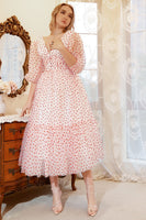 Laden Sie das Bild in den Galerie-Viewer, A-Linie Tiefer V Ausschnitt Weiß Rot Dot Tee Länge Ballkleid