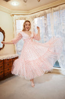 Laden Sie das Bild in den Galerie-Viewer, A-Linie Tiefer V Ausschnitt Weiß Rot Dot Tee Länge Ballkleid