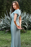 Laden Sie das Bild in den Galerie-Viewer, Graublau Satin Einfaches Ballkleid mit Rüschen