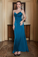 Laden Sie das Bild in den Galerie-Viewer, Spaghettiträger Blau Einfaches Ballkleid mit Rüschen