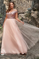 Laden Sie das Bild in den Galerie-Viewer, A-Linie Schulterfreies Blush Übergröße Ballkleid