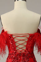 Laden Sie das Bild in den Galerie-Viewer, Meerjungfrau Schulterfreies Burgundy Übergröße Ballkleid mit Federn