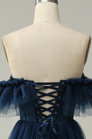 Laden Sie das Bild in den Galerie-Viewer, A-Linie Schulterfreies Herzausschnitt Tüll Marine Langes Ballkleid