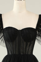 Laden Sie das Bild in den Galerie-Viewer, A-Linie Tüll Herzausschnitt Schwarzes Cocktailkleid