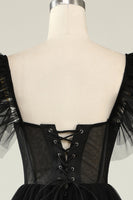 Laden Sie das Bild in den Galerie-Viewer, A-Linie Tüll Herzausschnitt Schwarzes Cocktailkleid