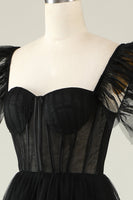 Laden Sie das Bild in den Galerie-Viewer, A-Linie Tüll Herzausschnitt Schwarzes Cocktailkleid