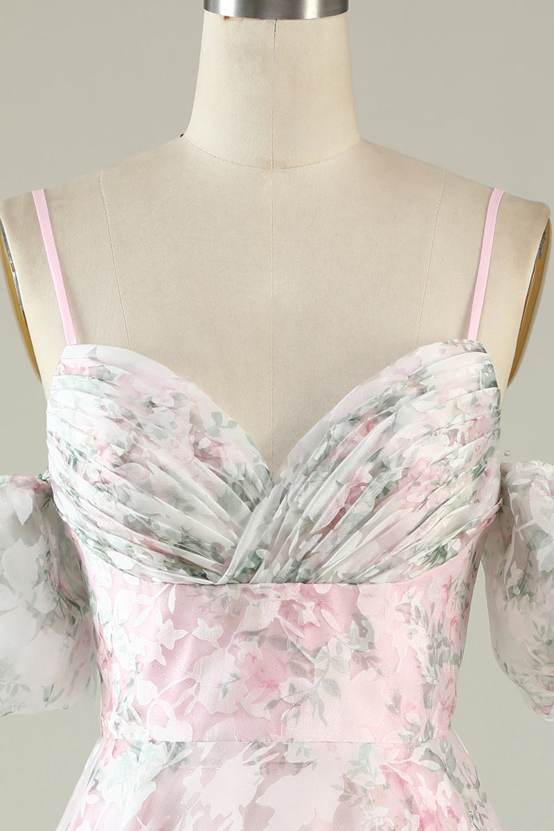 Laden Sie das Bild in den Galerie-Viewer, A-Linie Kalte Schulter Blume Bedrucktes rosa Cocktailkleid
