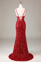 Laden Sie das Bild in den Galerie-Viewer, Glitter Pailletten Rotes Korsett Ballkleid mit Schlitz