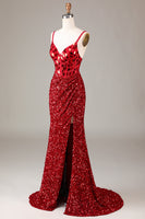 Laden Sie das Bild in den Galerie-Viewer, Glitter Pailletten Rotes Korsett Ballkleid mit Schlitz