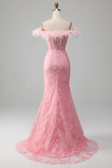 Meerjungfrau schulterfreies glitzerndes rosa Federkorsett Ballkleid mit Schlitz