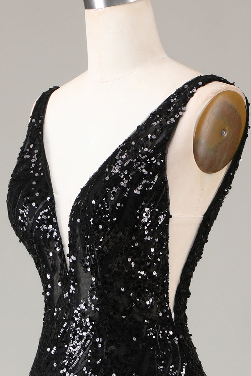 Laden Sie das Bild in den Galerie-Viewer, Schwarzes glitzerndes Meerjungfrauen Ballkleid mit V-Ausschnitt und Federn