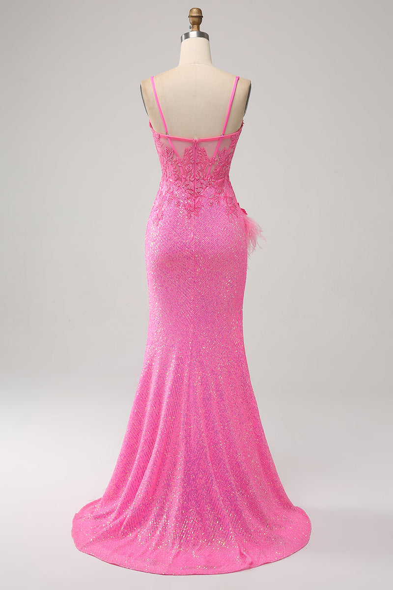 Laden Sie das Bild in den Galerie-Viewer, Trendiges Meerjungfrauen Spaghettiträger rosa Pailletten langes Ballkleid mit Applikationen