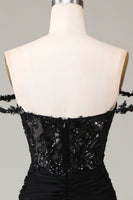 Laden Sie das Bild in den Galerie-Viewer, Schulterfreies schwarzes glitzerndes Meerjungfrauen Ballkleid