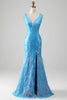 Laden Sie das Bild in den Galerie-Viewer, Glitzerndes blaues Meerjungfrauen Kleid mit V-Ausschnitt und Schlitz