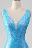 Laden Sie das Bild in den Galerie-Viewer, Glitzerndes blaues Meerjungfrauen Kleid mit V-Ausschnitt und Schlitz