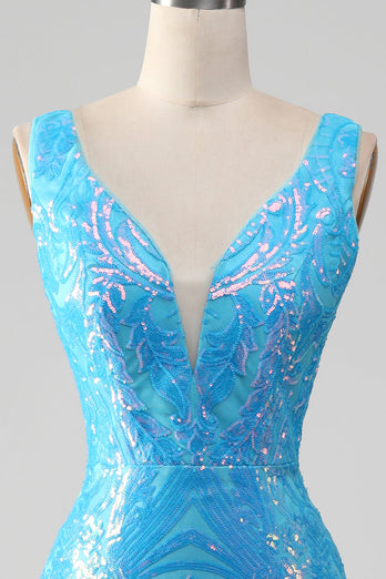 Glitzerndes blaues Meerjungfrauen Kleid mit V-Ausschnitt und Schlitz