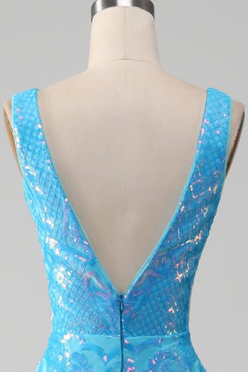 Glitzerndes blaues Meerjungfrauen Kleid mit V-Ausschnitt und Schlitz