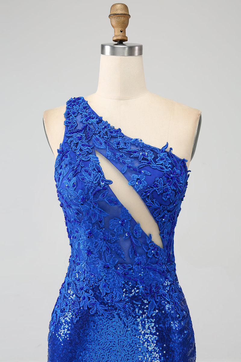 Laden Sie das Bild in den Galerie-Viewer, Königsblaues Meerjungfrauen Ballkleid mit einer Schulter und Schlitz