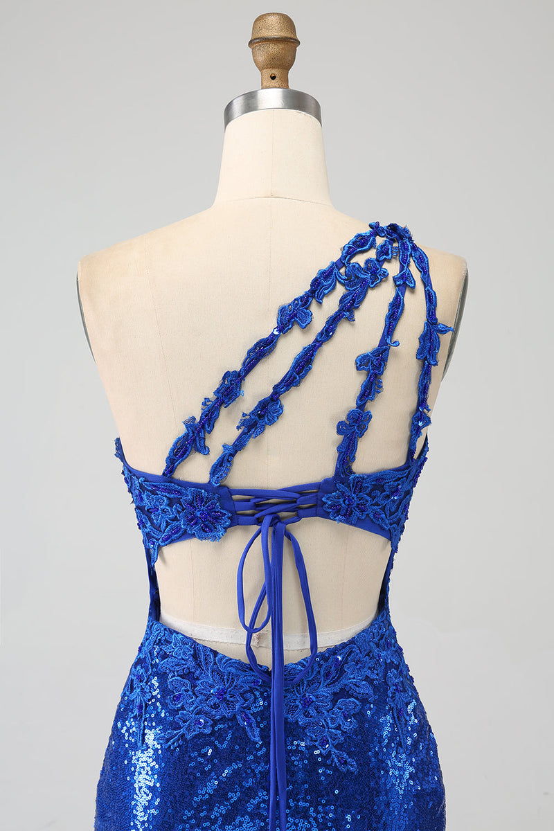 Laden Sie das Bild in den Galerie-Viewer, Königsblaues Meerjungfrauen Ballkleid mit einer Schulter und Schlitz