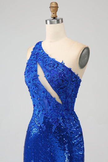 Königsblaues Meerjungfrauen Ballkleid mit einer Schulter und Schlitz