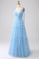 Laden Sie das Bild in den Galerie-Viewer, Hellblaues A-Linie Spaghettiträger langes Ballkleid