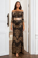 Laden Sie das Bild in den Galerie-Viewer, Schwarzes Meerjungfrau Paillettenkleid Brautmutter mit Gürtel