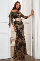 Laden Sie das Bild in den Galerie-Viewer, Schwarzes Meerjungfrau Paillettenkleid Brautmutter mit Gürtel