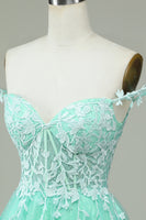 Laden Sie das Bild in den Galerie-Viewer, Niedliches A Linie Spaghetti-Träger Mint Kurzes Cocktailkleid mit Applikationen