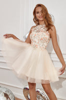 Laden Sie das Bild in den Galerie-Viewer, Champagner Neckholder Abiballkleid mit Stickerei