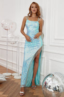 Laden Sie das Bild in den Galerie-Viewer, Blaues Pailletten Ballkleid mit Fransen