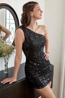 Laden Sie das Bild in den Galerie-Viewer, Eine Schulter Pailletten Kleines schwarzes Abiballkleid